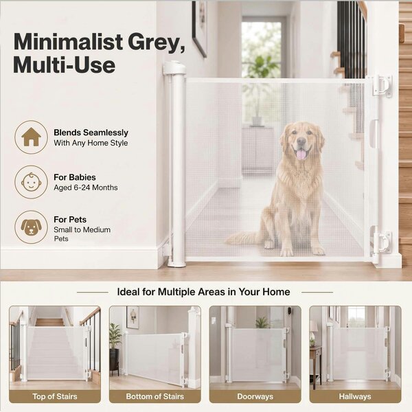 Dekko Retractable Stair Gate One Hand Lock 150cm PVC Mesh For Hallways Grey