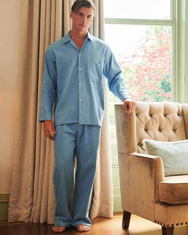 British Boxers Men's Brushed Cotton Pyjama Set – Sky Blue Herringbone