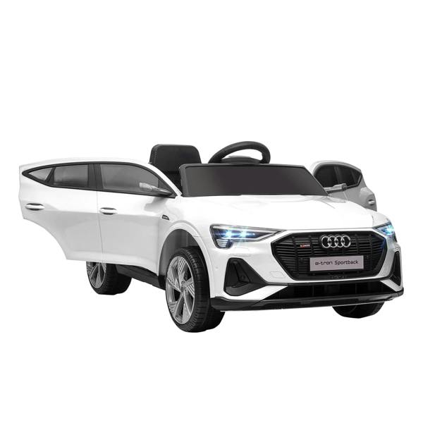 White kids electric ride-on car, front three-quarter view with LED headlights on