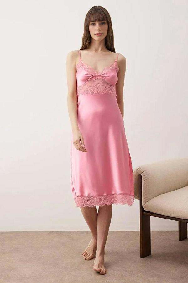 WOVCOR Lace and Slit Detail Satin Woven Nightdress