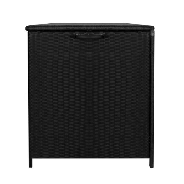 Stylish black rattan cushion storage box with a textured weave, featuring a sturdy lid and sleek handle for easy access