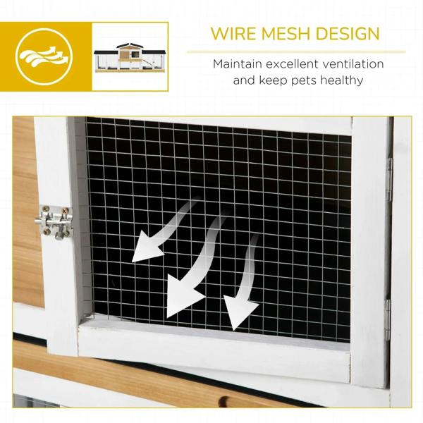 Wire mesh door panel on white rabbit hutch, with hinges and latch hardware