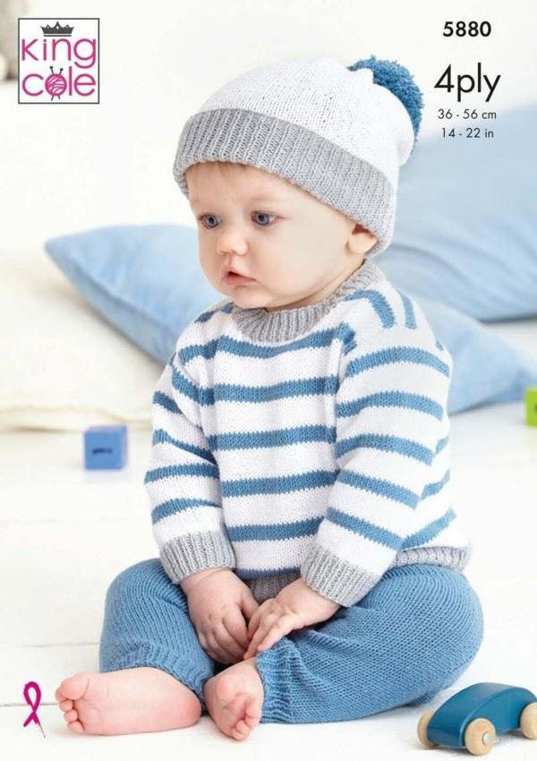 King Cole Cotton Socks 4 Ply Knitting Pattern 5880, Sweaters, Hoodies, Trousers, Headwear for Baby, 14 - 22 Inches