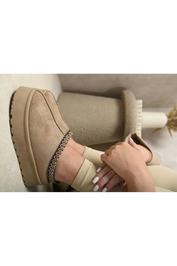 Jolene Aztec Detail Low Ankle Platform Slipper Boots - Camel