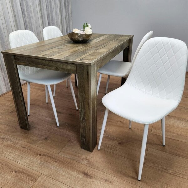 Kosy Koala Wooden Dining Table with 4 white Gem Patterned Chairs Rustic Effect Table with white Chairs