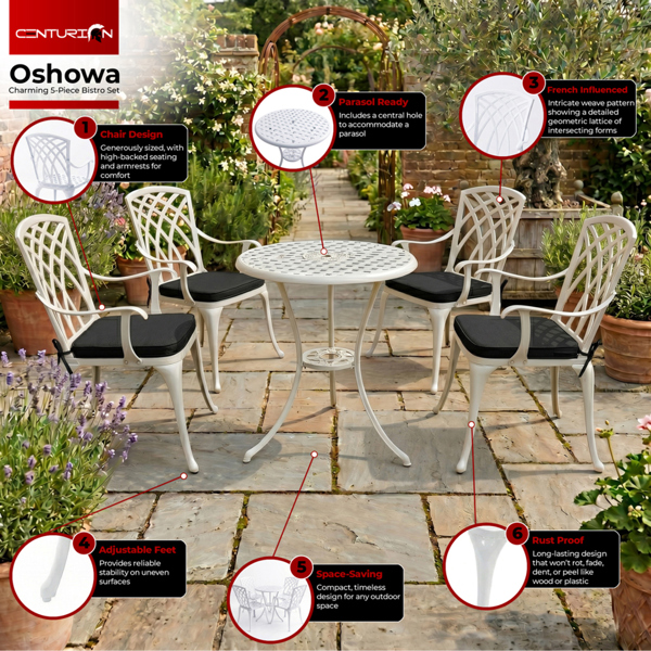 Centurion Supports OSHOWA Luxurious Garden and Patio Table and 4 Large Chairs with Armrests Cast Aluminium Bistro Set - White with Black Cushions
