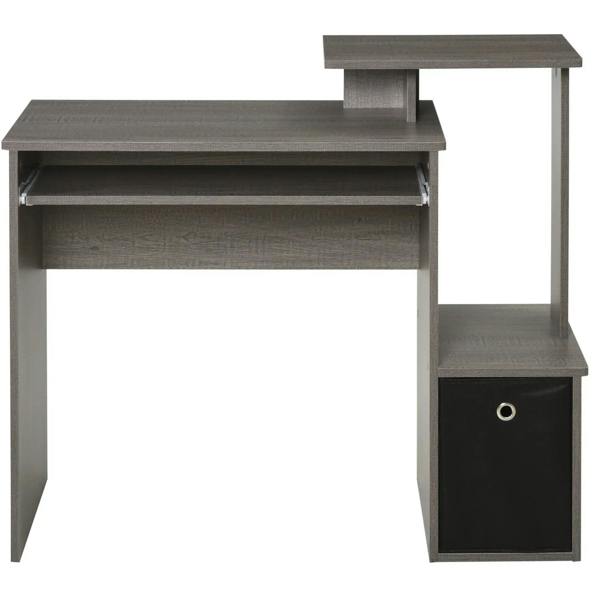Grey computer desk with open center shelves and side fabric drawer storage
