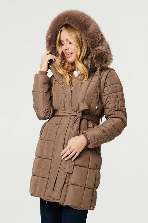 Khaki | Faux Fur Hood Textured Puffer Jacket
