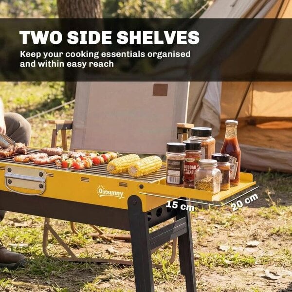 Bobobiy Portable BBQ Grill, Foldable Charcoal Grill for Camping and Picnics with 2 Side Shelves and Handle, Yellow