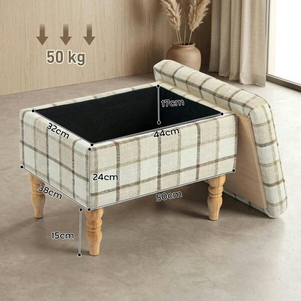 Linen Fabric Upholstered Footstool, Rectangular Storage Stool with Removable Top, Padded Seat and Hidden Space, Brown