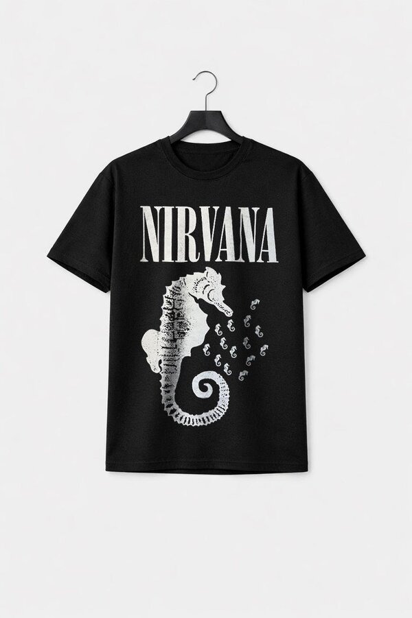 Nirvana Seahorse And Logo Mono Premium Carbon Finish T Shirt