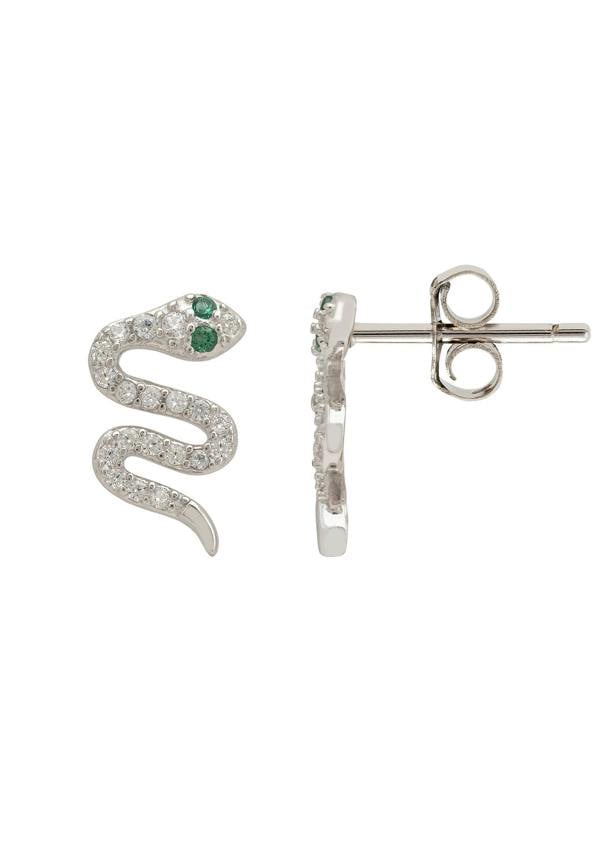 Silver snake-shaped earrings with green gemstones on a white background