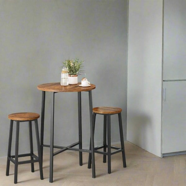 Set of 2 rustic brown and black industrial bar stools with steel frame and footrest, 65 cm high for kitchen island or breakfast bar

