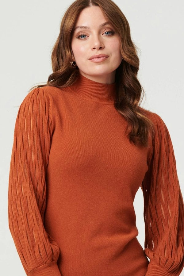 Rust | High Neck Textured Long Sleeve Jumper
