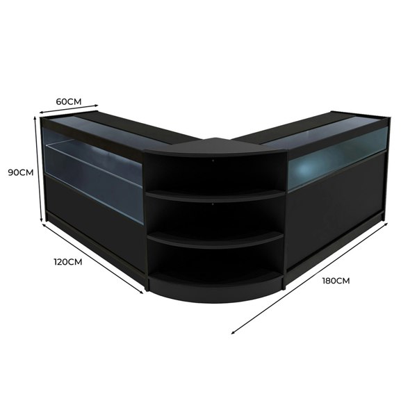 Harmonia LED Shop Counter Set in black, featuring a sleek design with glass displays, curved edges, and ample storage space