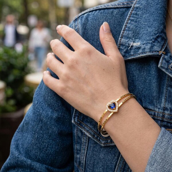 The Colourful Aura Gold Plated Blue Heart Crystal Adjustable Cuff Bracelet