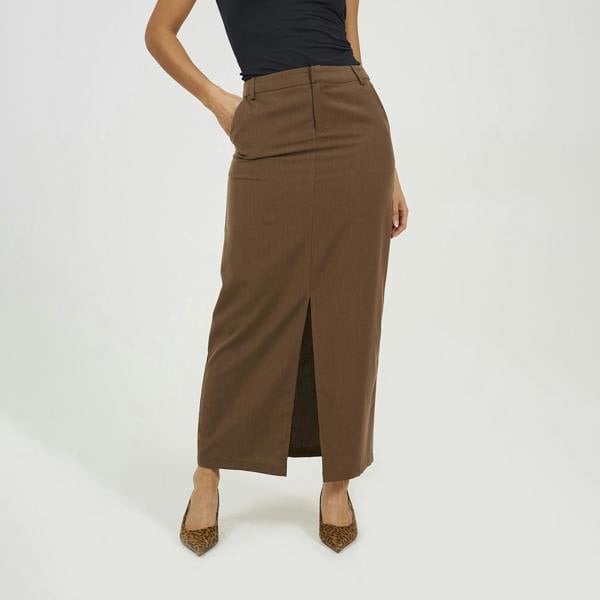 Brave Soul Brown Tailored Midi Skirt With Slit Detail - Brown Image 1