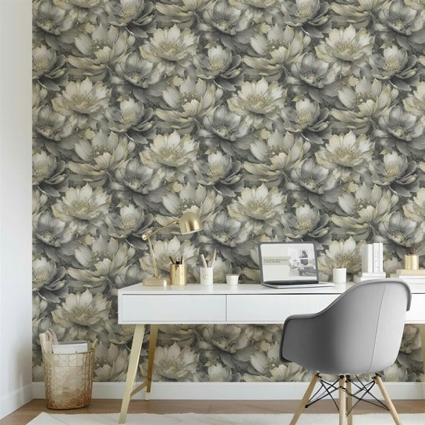 Muriva Aminah Floral Charcoal Wallpaper