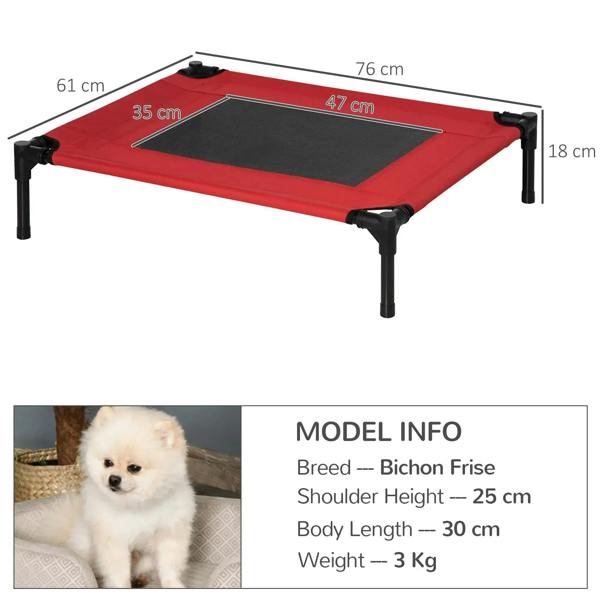 Elevated dog bed with red sides, black mesh top, black metal legs; 76 x 47 cm