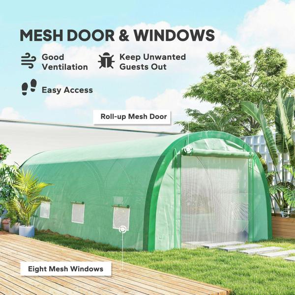 Green polytunnel greenhouse with roll-up mesh door and mesh windows