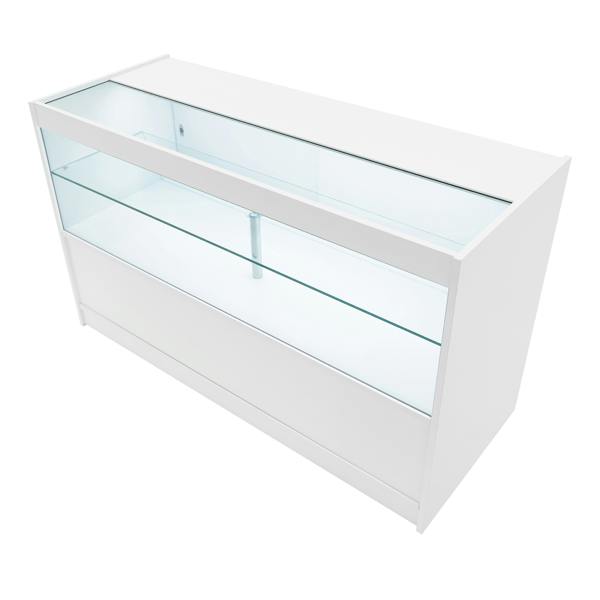 Eclipse LED shop counter set in white, featuring sleek glass shelves, modern design, and ample display space for products