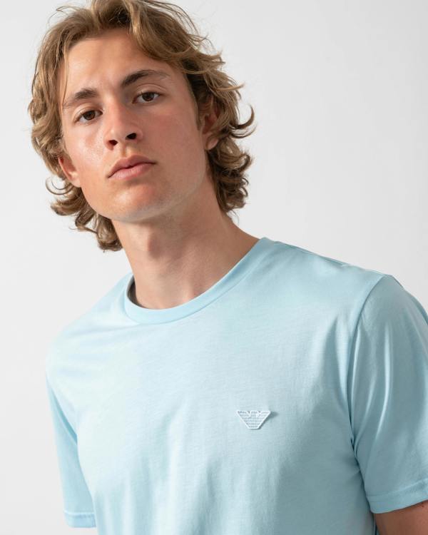 close up shot of a  model wearing an Emporio Armani Mens Beach T-Shirt with Eagle Logo in Sky