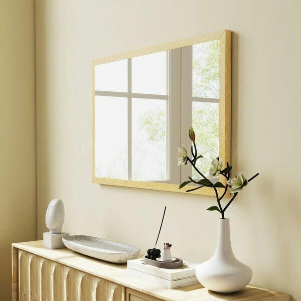 Bobobiy Wall Bathroom Mirror, 60 x 40 cm Wall-Mounted Mirror for Living Room, Bedroom, Hallway, Natural Wood Finish
