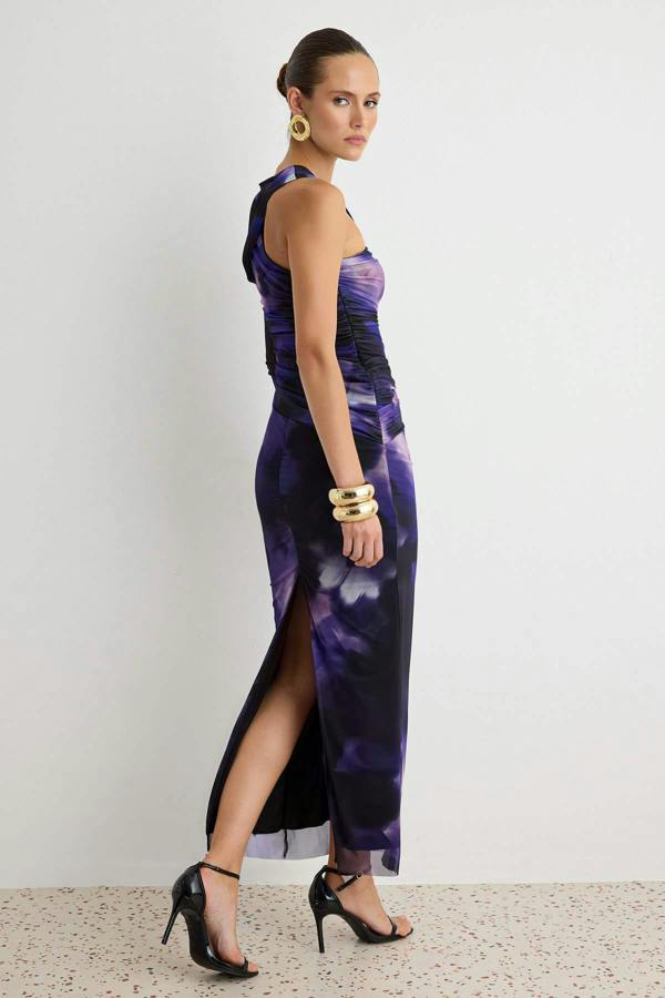 Asymmetric Neck One Sleeve Shift Maxi Dress