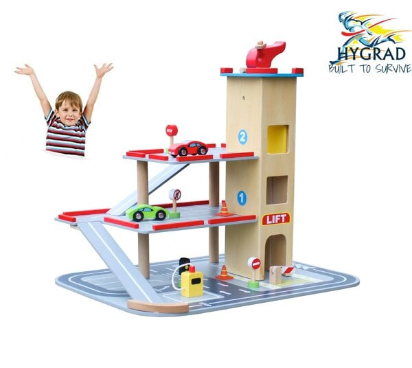HYGRAD BUILT TO SURVIVE Wooden 3-Storey Toy Garage with Cars, Lift & Helipad – Kids Role Play Set | HYGRAD®