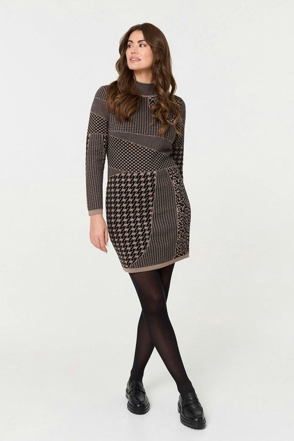 Beige | Printed High Neck Bodycon Mini Dress
