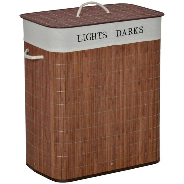 Brown collapsible laundry hamper with lid, string handles, and white top panel.