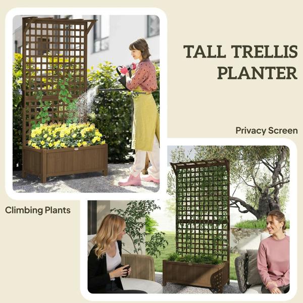 Tall brown wooden trellis planter with raised bed and square climbing grid