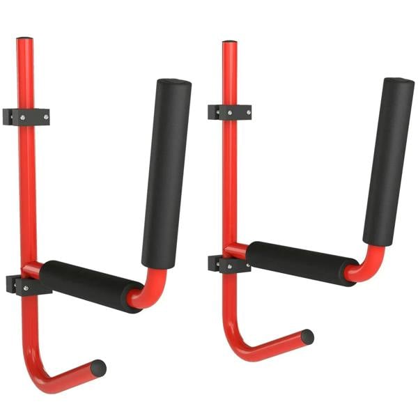 Red wall-mounted kayak/canoe storage rack with two black-padded holders and curved hooks