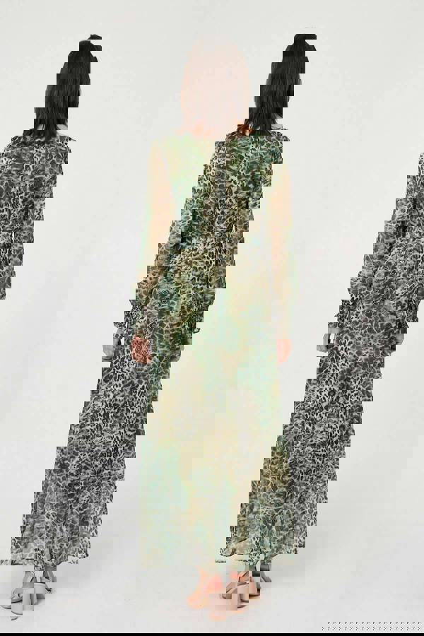 Green | Animal Print Semi Sheer Tie Maxi Dress