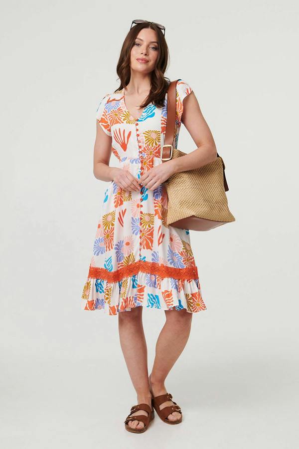White | Abstract Cap Sleeve V-Neck Midi Dress