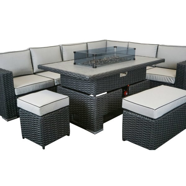 Furnishings For Less L Shaped 9 Seater Black Rattan Patio Set With Fire Pit Table