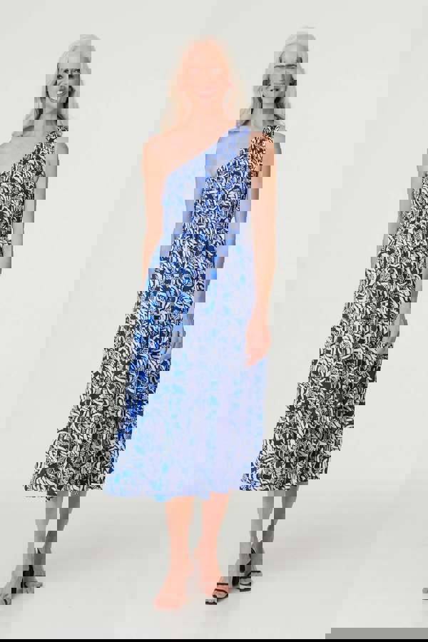 Blue | Printed Asymmetric Midi Sun Dress : Model is 5'8.5"/174 cm and wears UK8/EU36/US4/AUS8