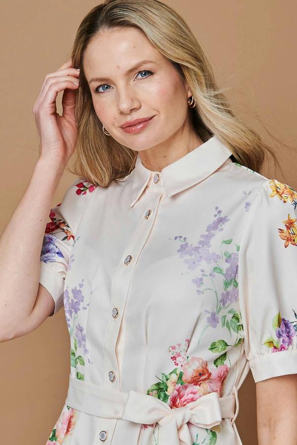 Beige | Floral 1/2 Sleeve Tie Waist Midi Dress