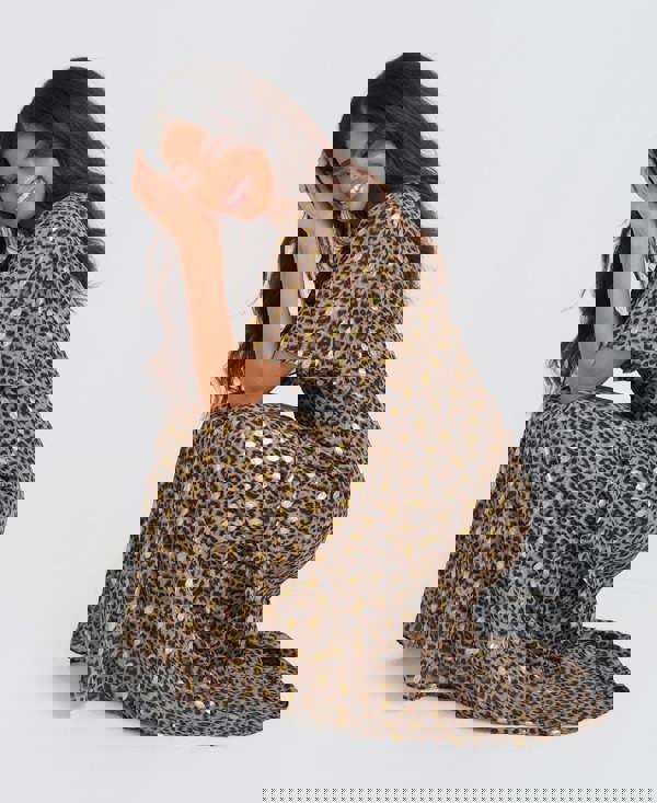 Short Sleeve Ruffle Animal Foil Midi Dress