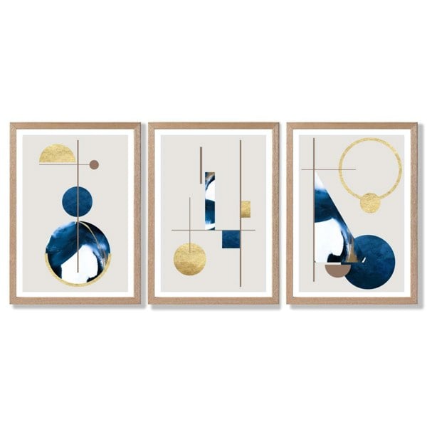 Artze Wall Art Abstract Set of 3 Textured Geometric Framed Prints in Navy Blue and Gold