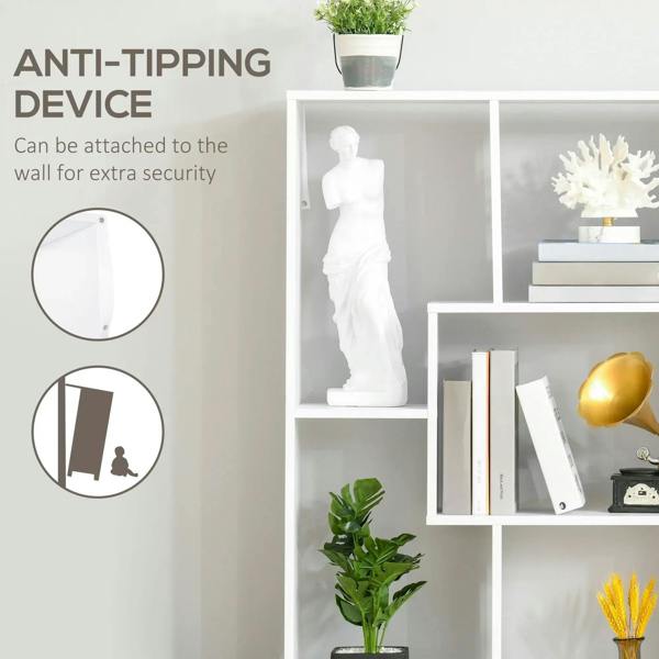 White 8-cube bookcase with open cubbies and anti-tipping wall bracket graphic.