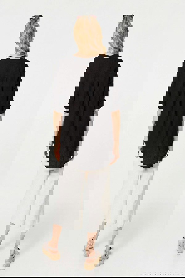 Black | Button Detail 1/2 Sleeve V-Neck Blouse
