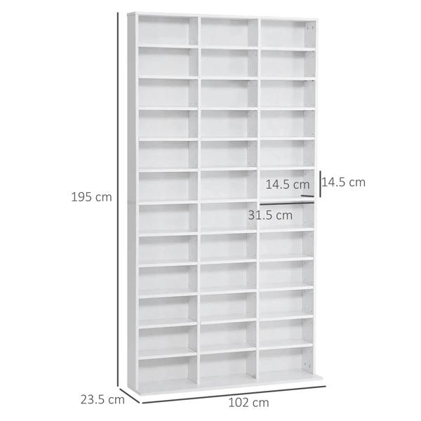 White 33-compartment storage cabinet with open shelving; size dimensions shown