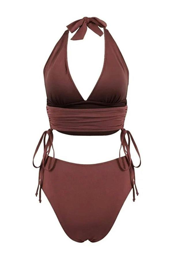 WOVCOR 2-Piece Triangle Covered Draped Adjustable High Waist Regular Bikini Set