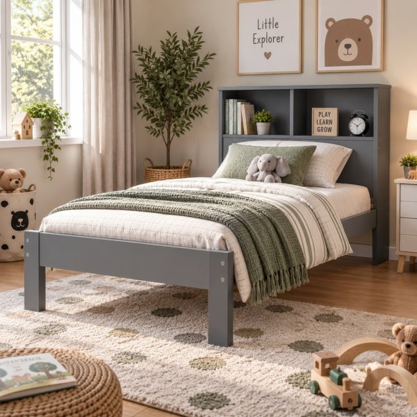 Maserri Easton Wooden Single Bed Frame with Shelf Headboard, White or Grey - Grey
