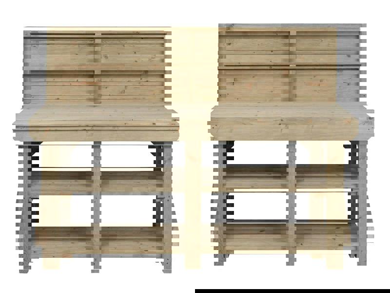 Indoor/Outdoor Pressure-Treated Double Shelf with back panel Workbench, a robust and versatile solution for all your workspace needs. Handcrafted in the UK, this workbench is constructed from high-quality, pressure-treated timber, ensuring durability and resistance to the elements, making it suitable for both indoor and outdoor use.