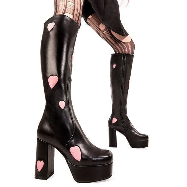 Lamoda Candyfloss Love Platform Knee High Boots Black/Pink Heart, Trendy Boots