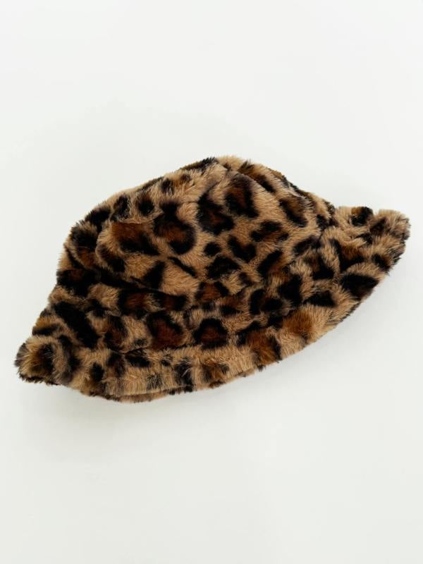 SVNX Leopard Plush Print Bucket Hat & Gloves Set