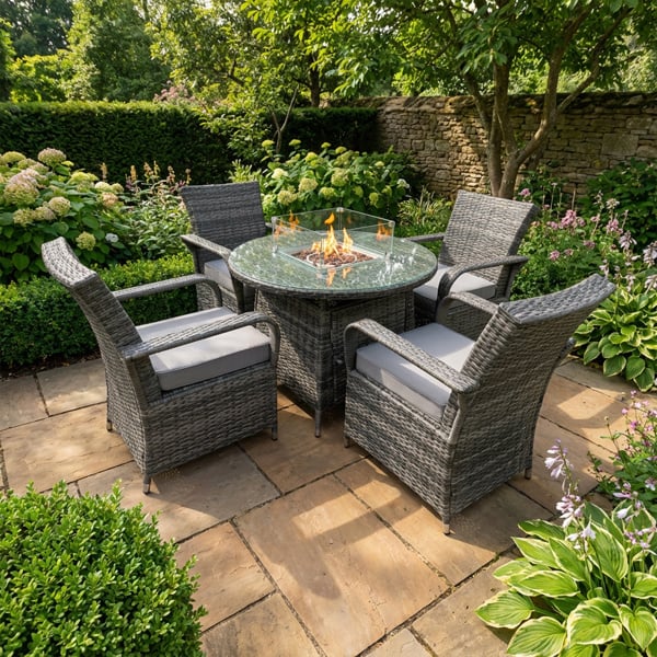 Fimous 4 Seater Rattan Garden Furniture Set with Round Gas Fire Pit Dining Table and 4 Dining Chairs - Dark Grey