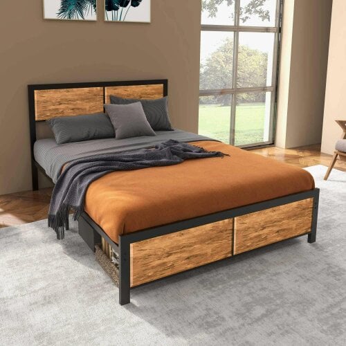 Industrial Double Bed Frame, 5FT Steel Bed Base with Headboard, Footboard, Slatted Support and Under Bed Storage, 142 x 195cm, Rustic Brown